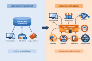 Esquema comparativo en flat design entre eCommerce tradicional monolítico y arquitectura Headless, mostrando la separación del core comercial y la conexión de múltiples canales mediante APIs.